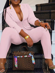 Women's Plus Size Zipper Front Blazer & Pants Two Piece Set