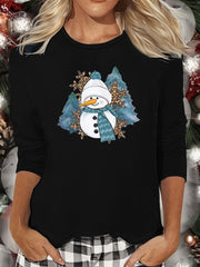 Christmas Snowman Print Lounge Top Long Sleeve Crew Neck Women's Pajamas
