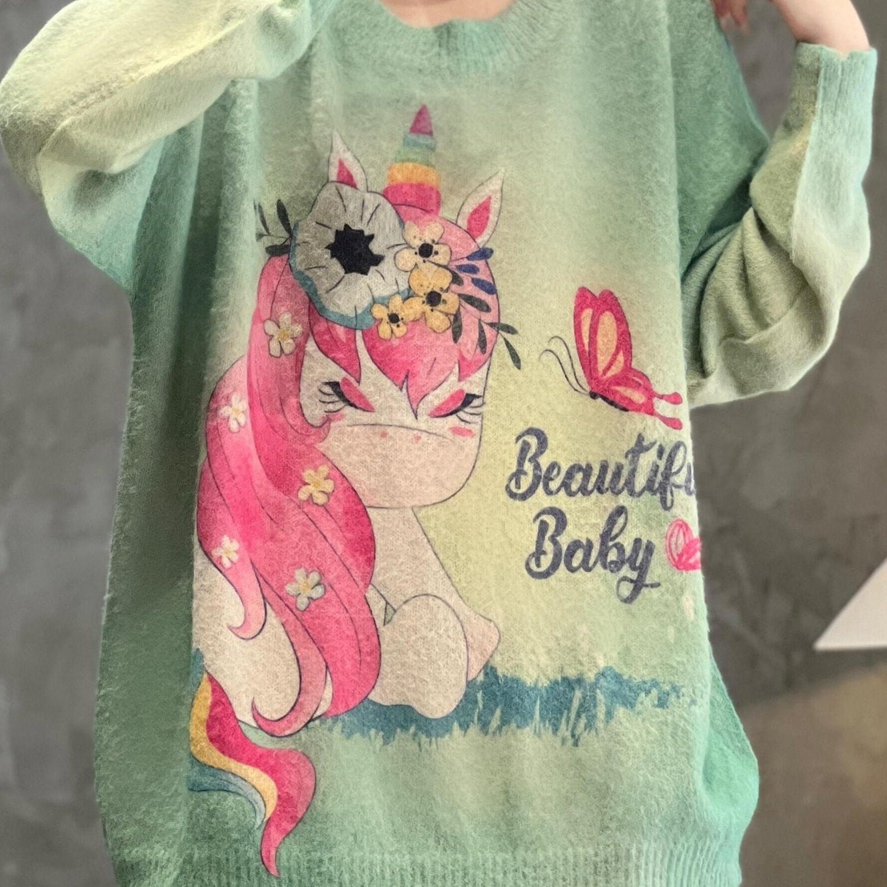 Floral Unicorn & Butterfly Print Long Sleeve Pullover Jumper