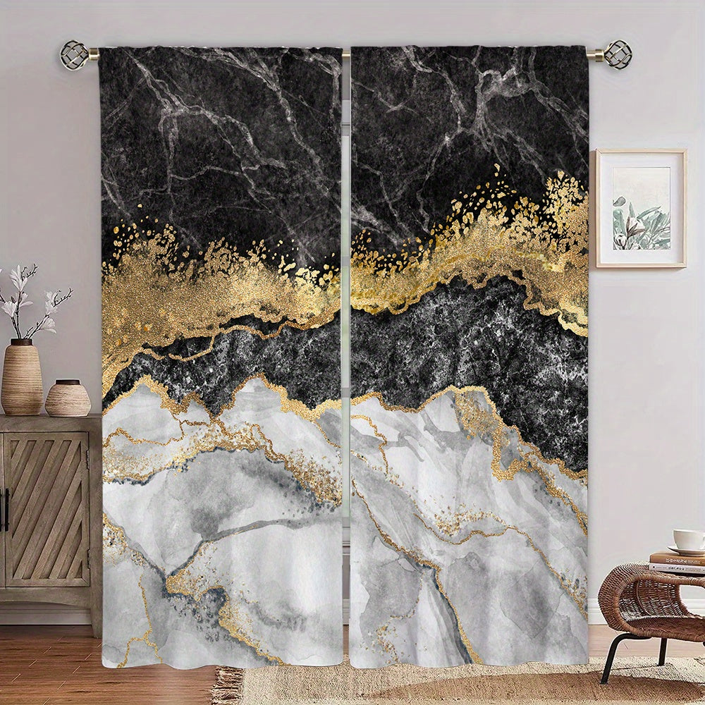 Marble Printed Window Curtain Grey Marble Pattern Rod Pocket Window Drapes