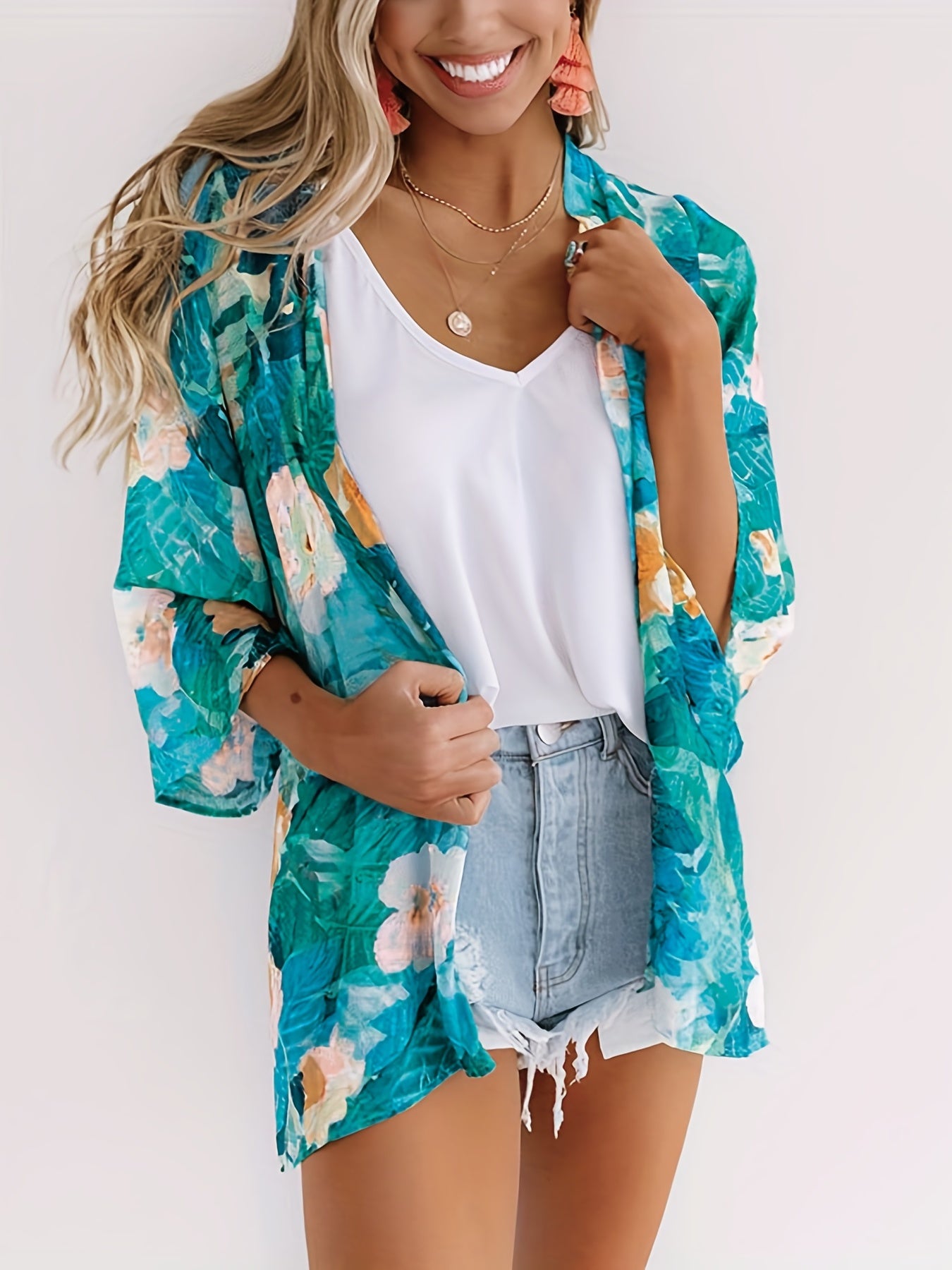 Floral Print V Neck Cover Up Shirt Loose Fit Non Stretch Half Sleeves Cardigan