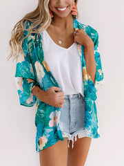 Floral Print V Neck Cover Up Shirt Loose Fit Non Stretch Half Sleeves Cardigan