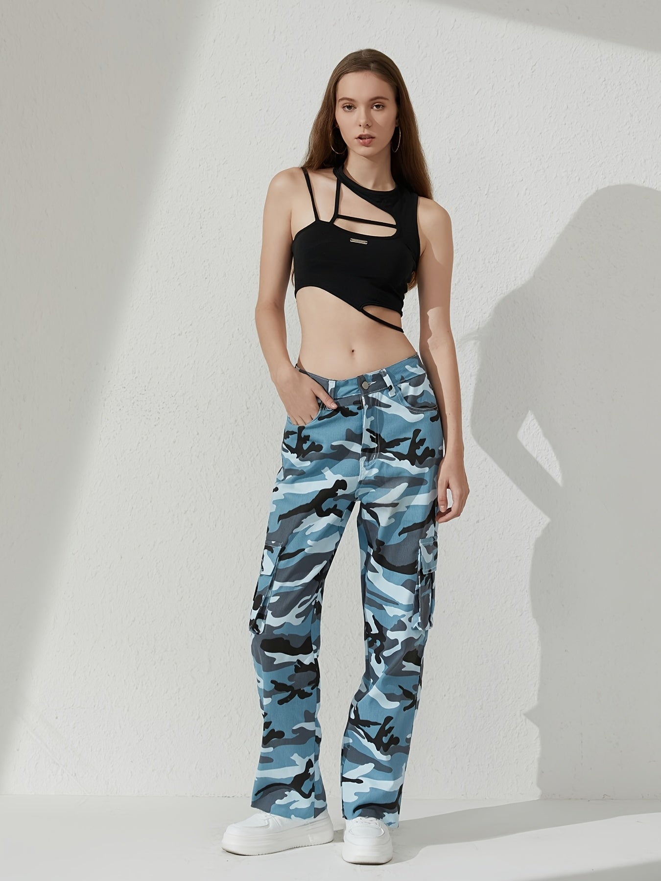Bird Print Cargo Jeans Street Casual Style Denim Pants