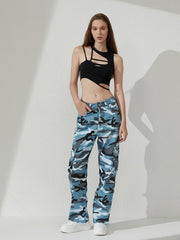 Bird Print Cargo Jeans Street Casual Style Denim Pants