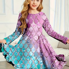 Dreamy Girls Gradient Fish Scale Print Long Sleeve Dress