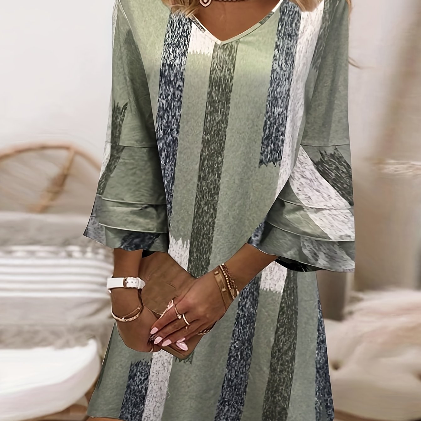 Casual Dress Women's Plus Stripe Print Layered Sleeve V Neck