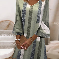 Casual Dress Women's Plus Stripe Print Layered Sleeve V Neck