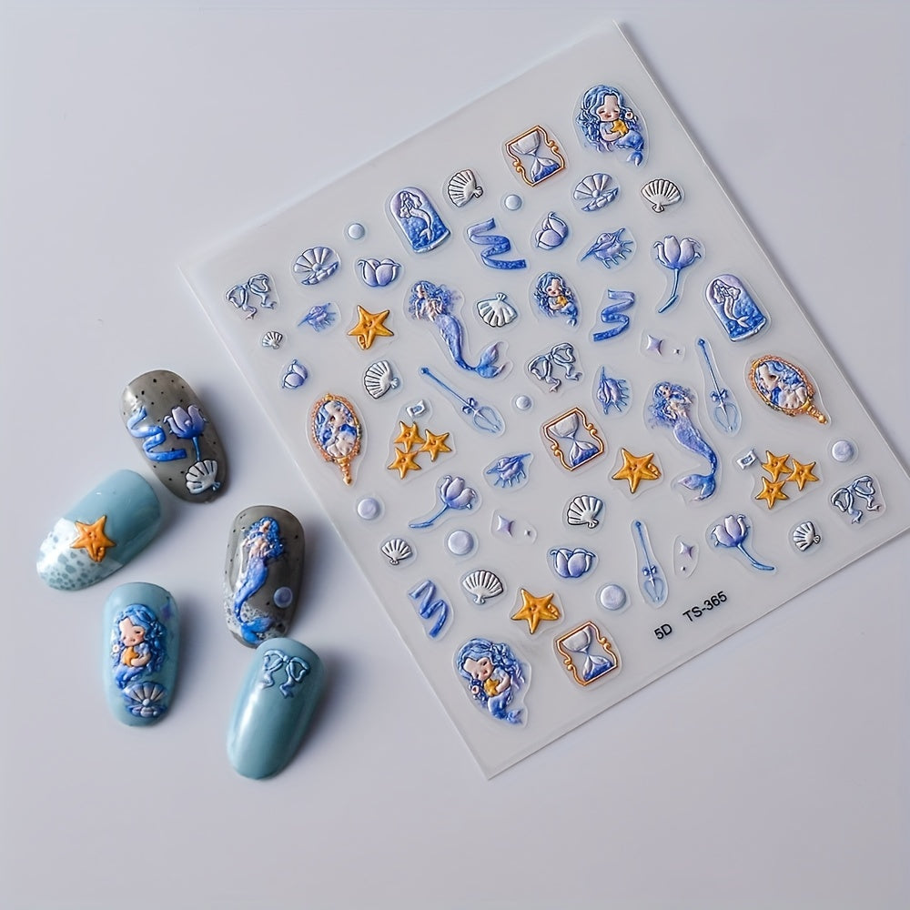 5D Embossed Mermaid Nail Art Stickers Self Adhesive Shell Decals