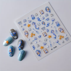 5D Embossed Mermaid Nail Art Stickers Self Adhesive Shell Decals