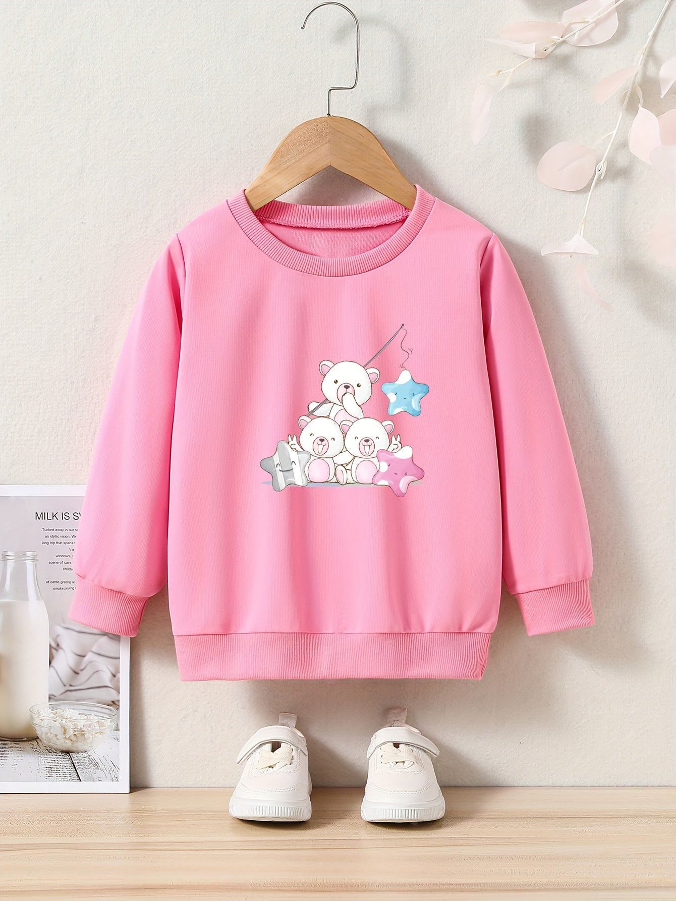 Adorable Bears Print Girls Casual Pullover Sweatshirt Long Sleeve Crew Neck Tops