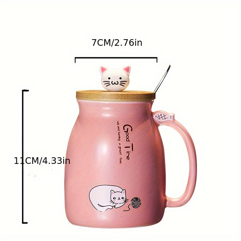 450ml Cartoon Cat Ceramic Mug with Wooden Lid & Spoon Handle