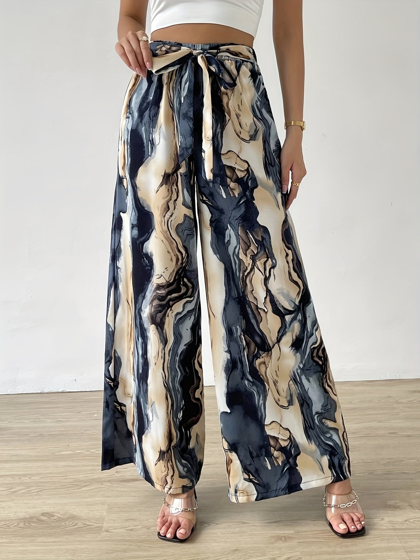 Marble Print Wide Leg Pants with Belt for Women