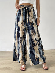 Marble Print Wide Leg Pants with Belt for Women