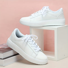Solid Lace Up Flat Skate Shoes Women's Faux Leather Comfort Sneakers