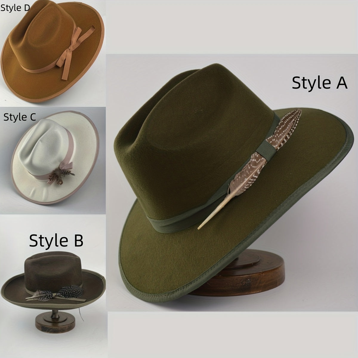 Green Wide Brim Felt Fedora Hat with Band & Feathers