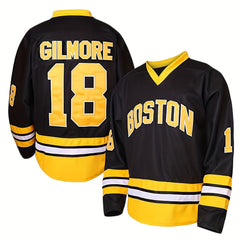 Men's Embroidery Ice Hockey Jersey Vintage Stripe V Neck Long Sleeve