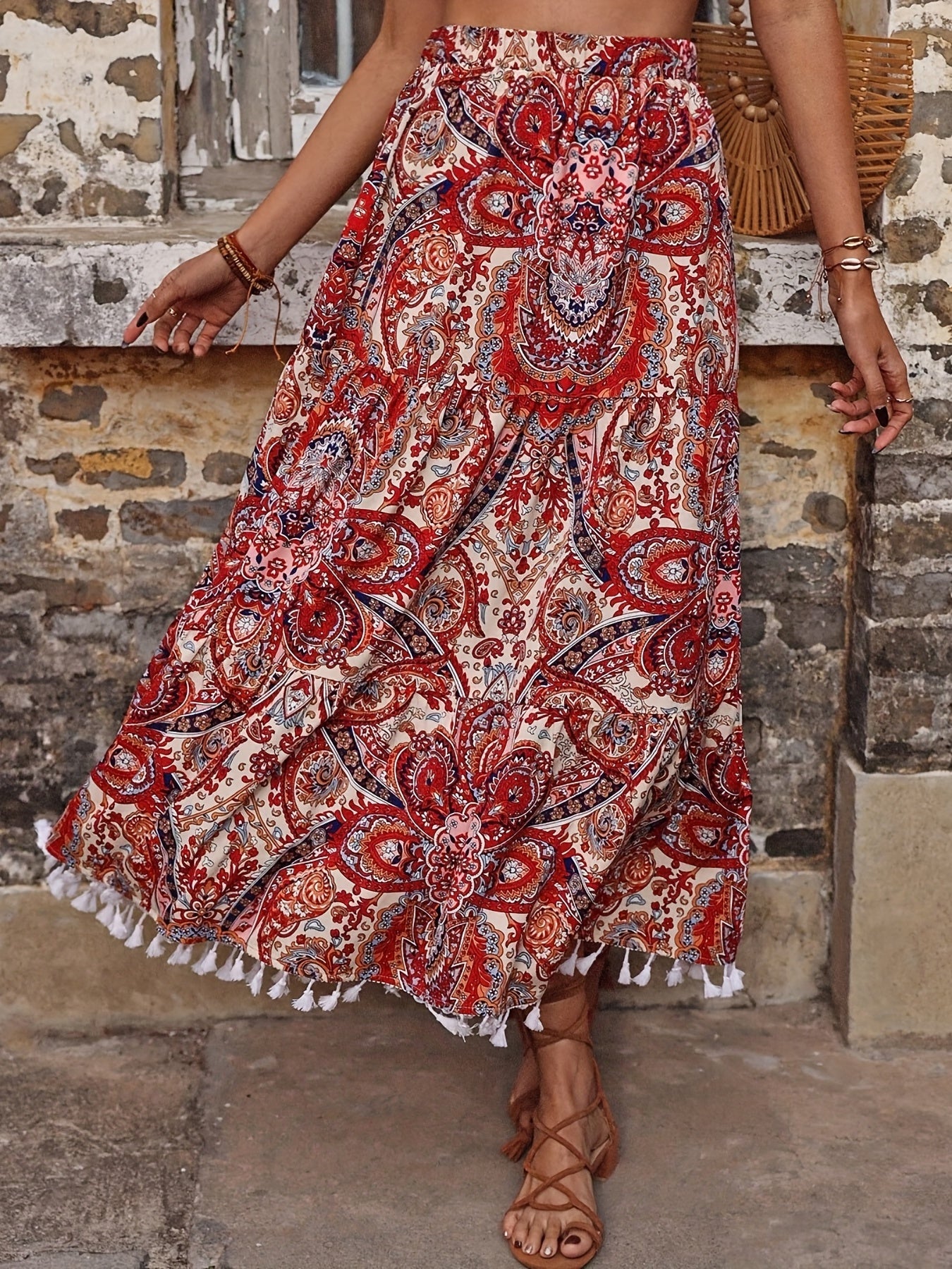 Boho Paisley Print Tassel Maxi Skirt