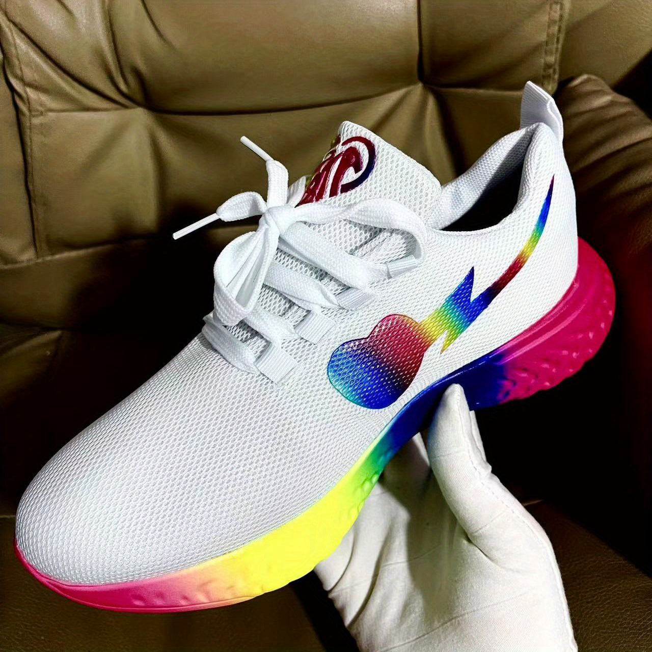 Rainbow Sole Woven Sneakers Lace Up Running Shoes Women's Footwear