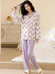 Wave Stripe Print Pajama Set Long Sleeve Button Up Top & Lounge Pants