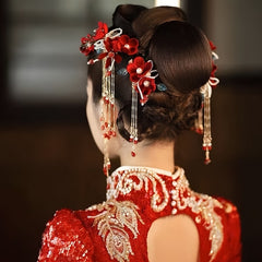 Vintage Red Velvet Flowers Beaded Hairpins Tassel Hair Clips