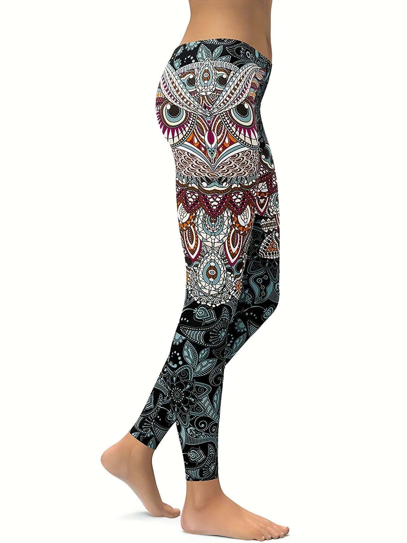Women's Feather & Eye Print Yoga Leggings Mid Waist High Stretch Gym Pants