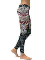 Women's Feather & Eye Print Yoga Leggings Mid Waist High Stretch Gym Pants