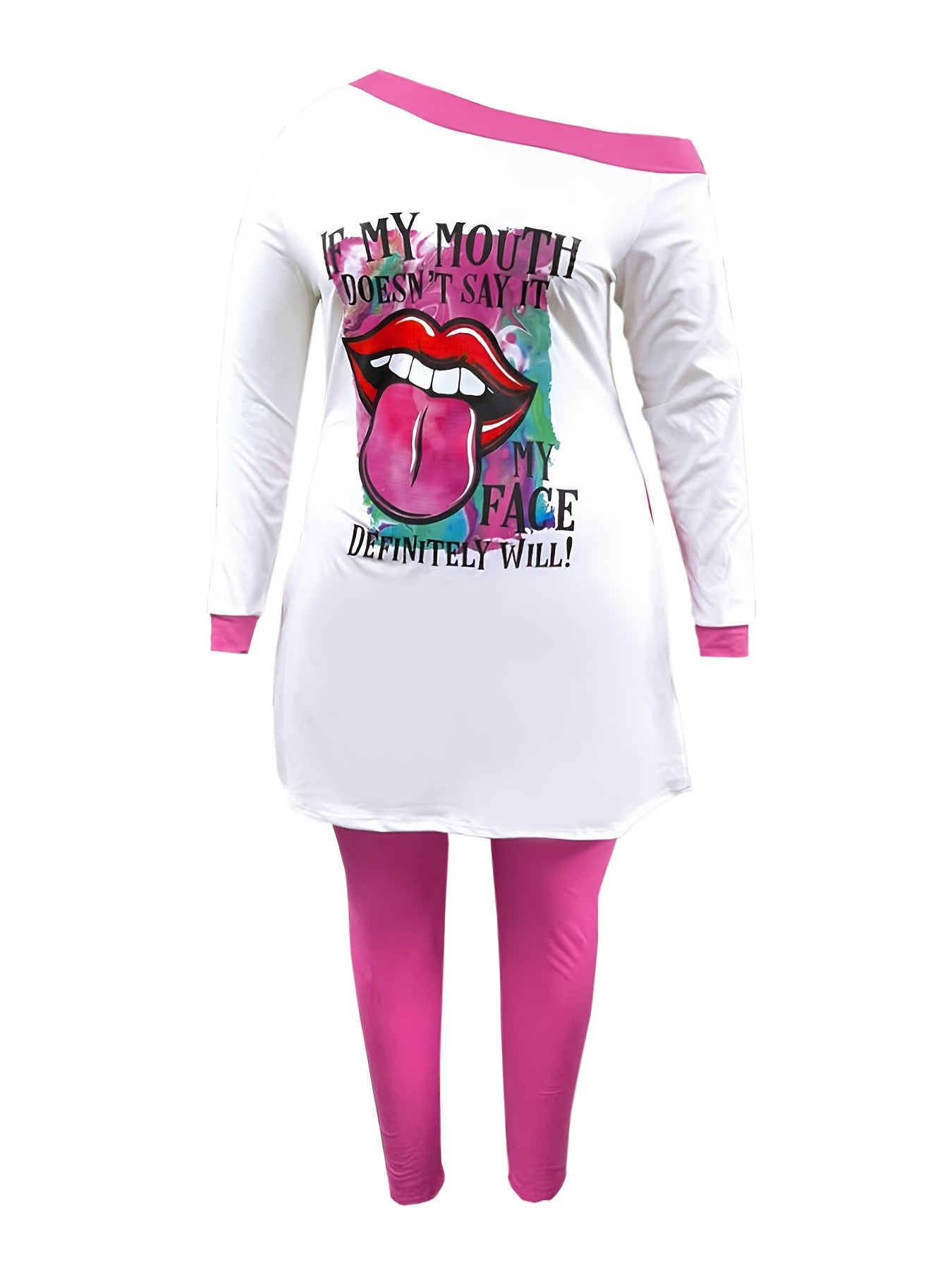 Women's Plus Lip Print One Shoulder Tee & Leggings Set