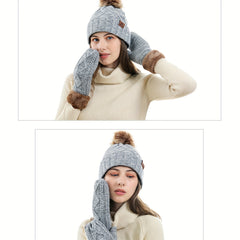 3pcs Ribbed Beanie Scarf Gloves Set Knit Pom Pom Decor Elastic Coldproof