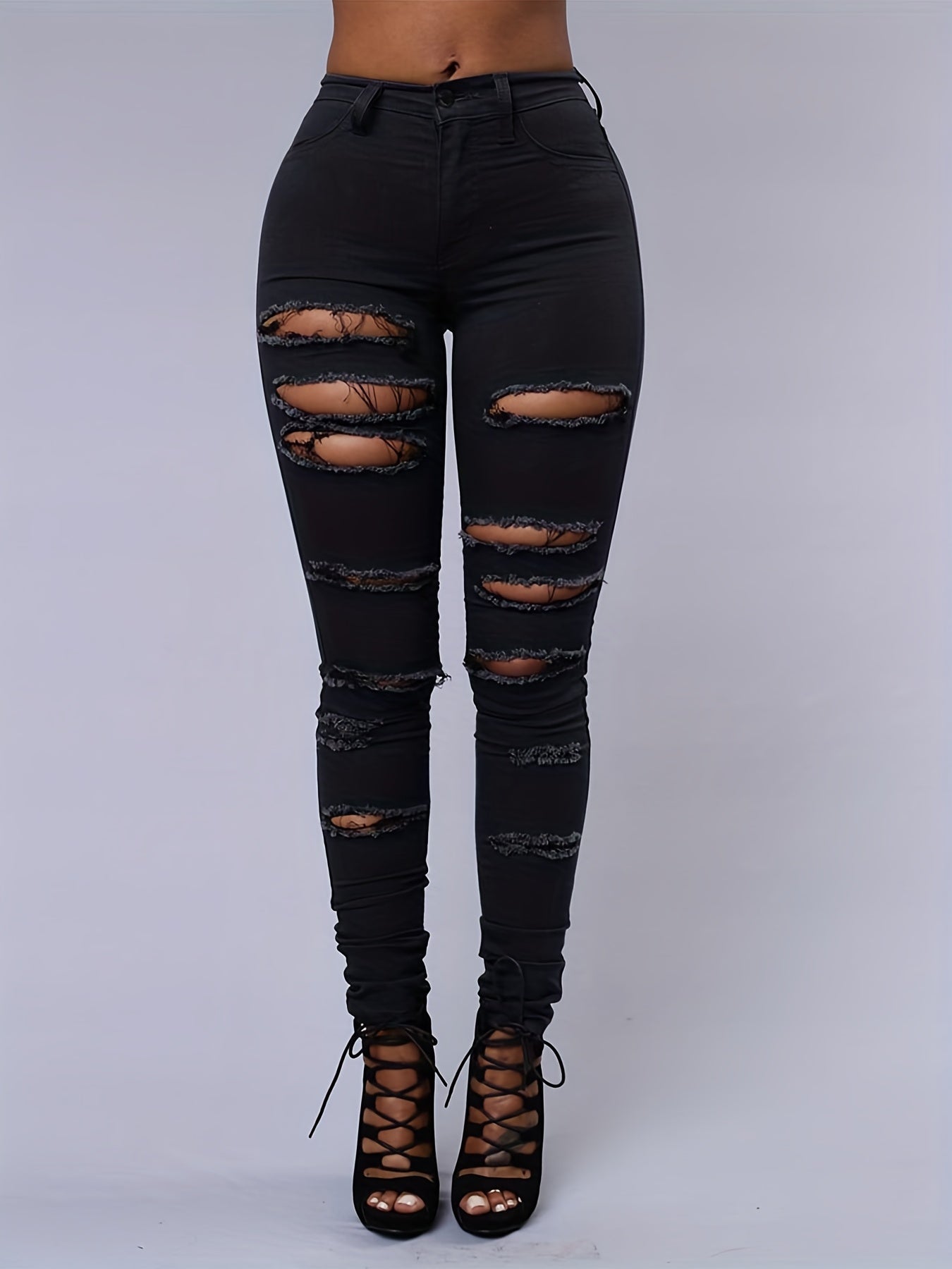 Ripped Holes Straight Jeans Distressed Denim Pants Women's Denim Clothing