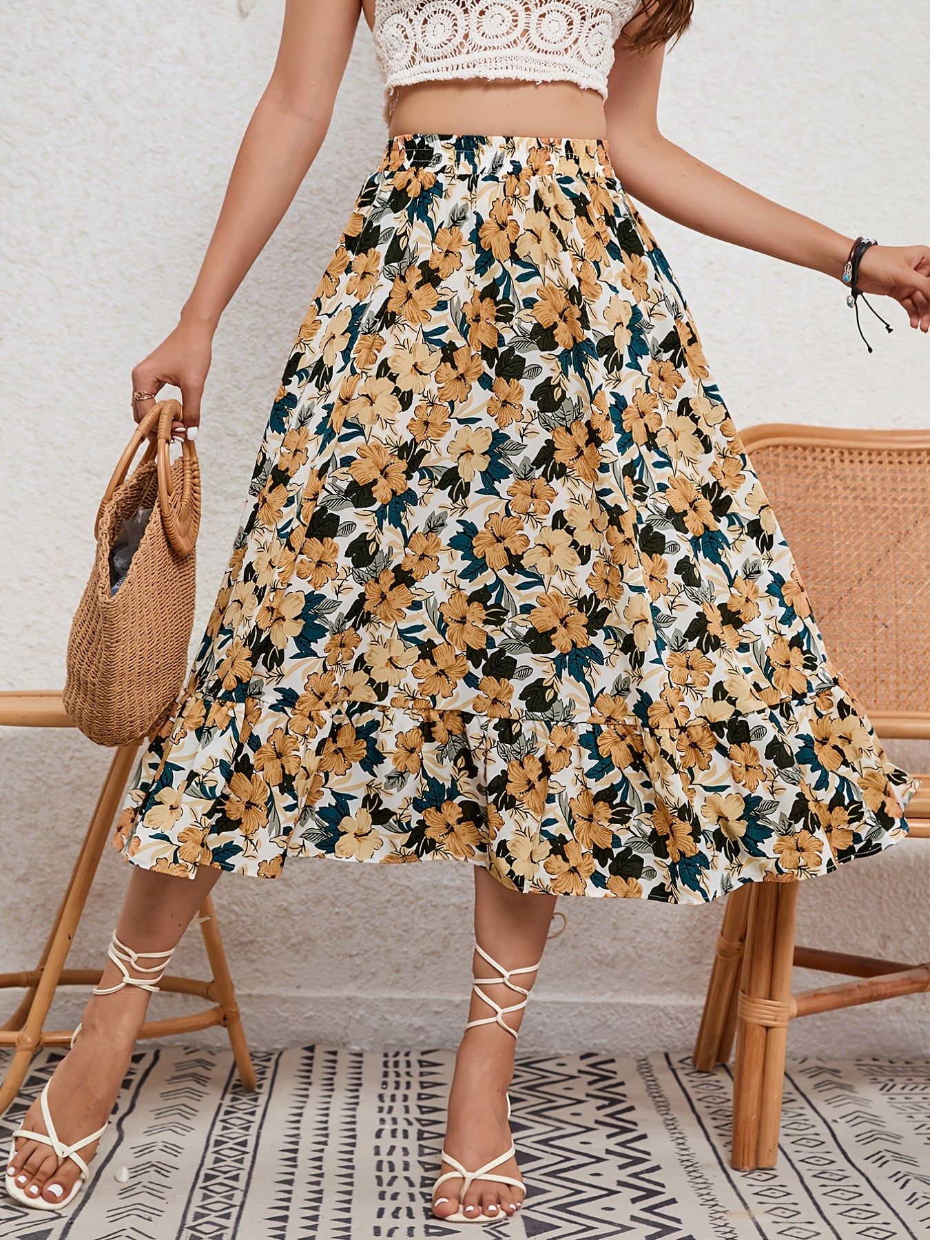 Floral Print Elastic Waist Skirt for Spring & Summer