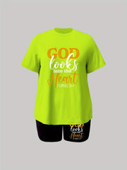Slogan Print Tee & Shorts Outfits 2 Piece Set