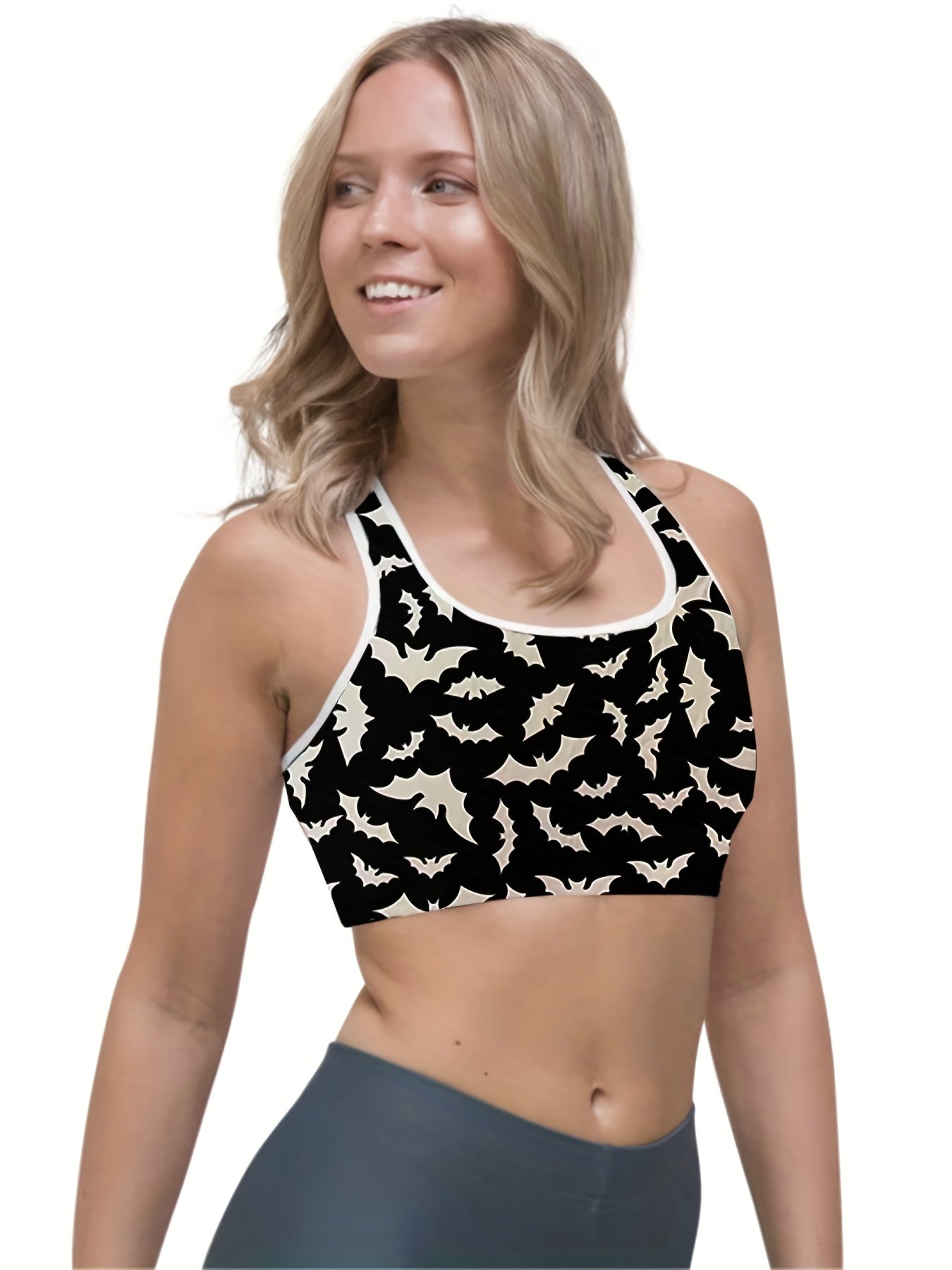 Halloween Bat Print Racer Back Gym Bra