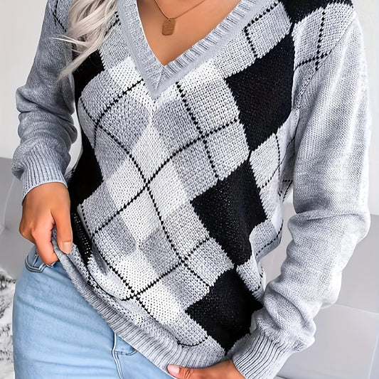 Colorblock Gingham Print V Neck Sweater