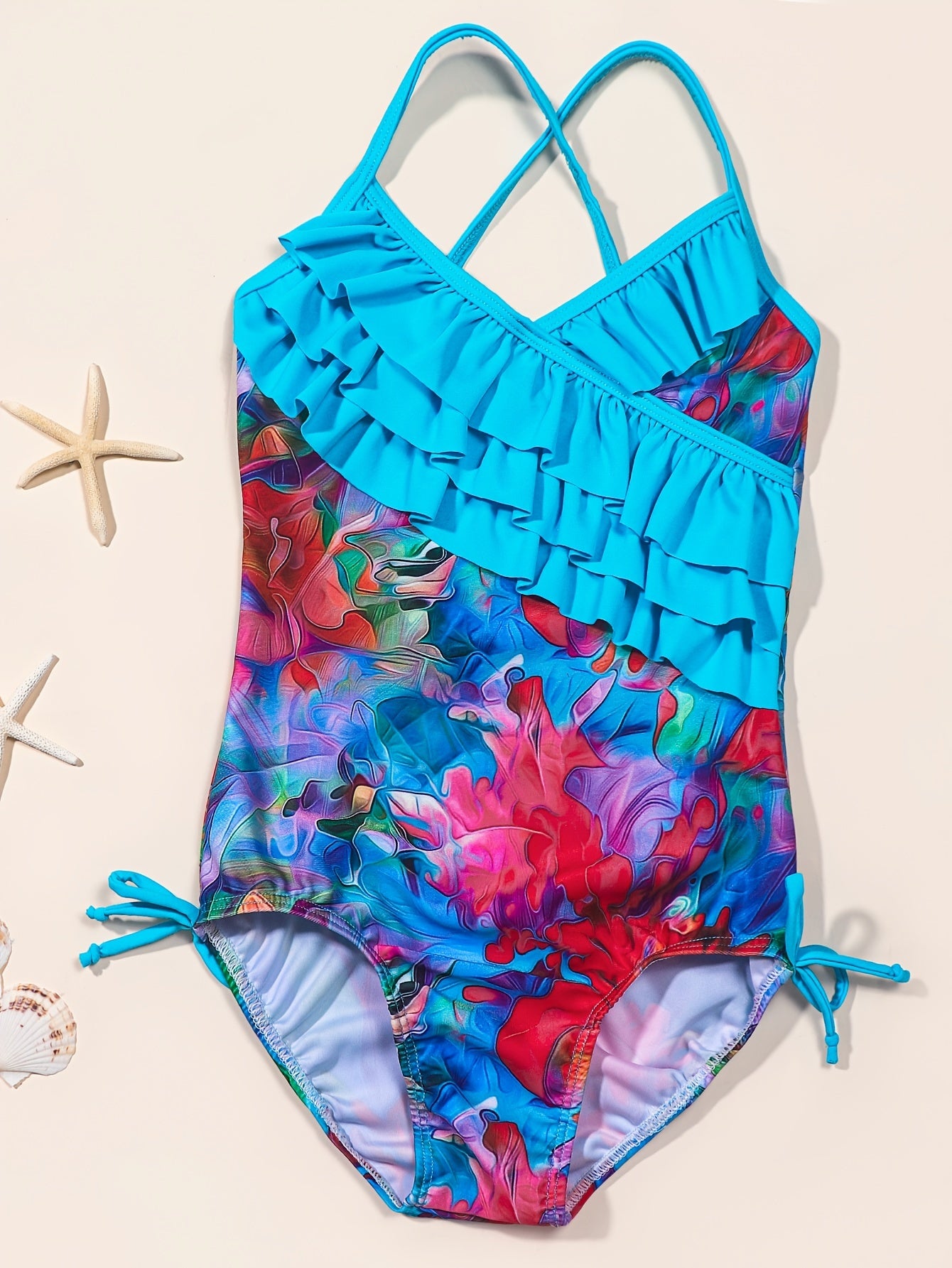 Floral Flamingo Girls Swimsuit with Ruffled Trim