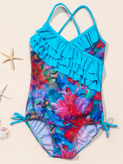 Floral Flamingo Girls Swimsuit with Ruffled Trim