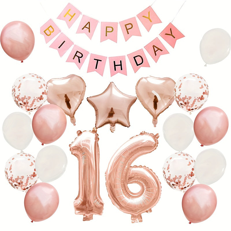 Rose Golden Birthday Balloons Set with Pull Flag