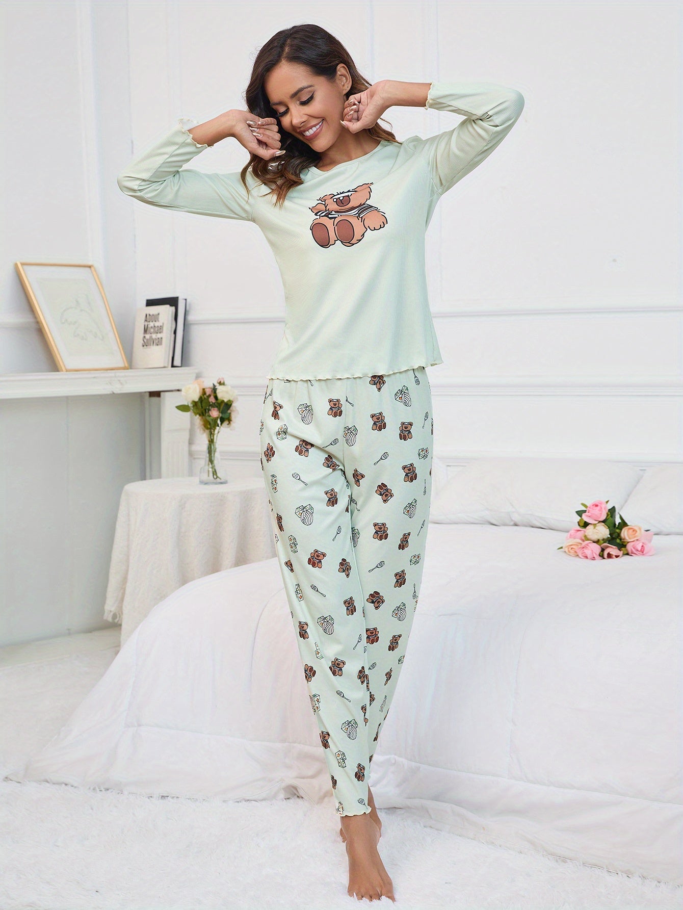 Bear Print Pajama Set Long Sleeve Top & Pants Women's Sleepwear