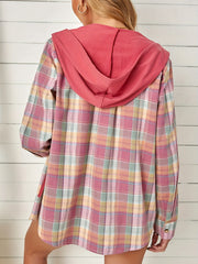 Colorblock Plaid Print Hooded Shacket