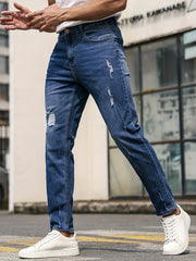 Slim Fit Cat Catch Jeans Men's Casual Street Style Distressed Stretch Denim Pant