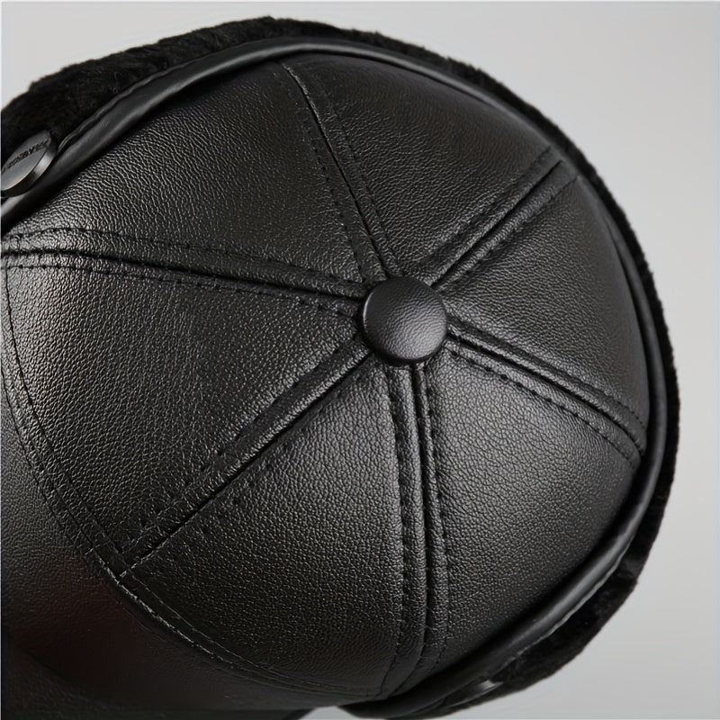 Men's Winter Velvet PU Leather Baseball Cap Outdoor Warm Hat
