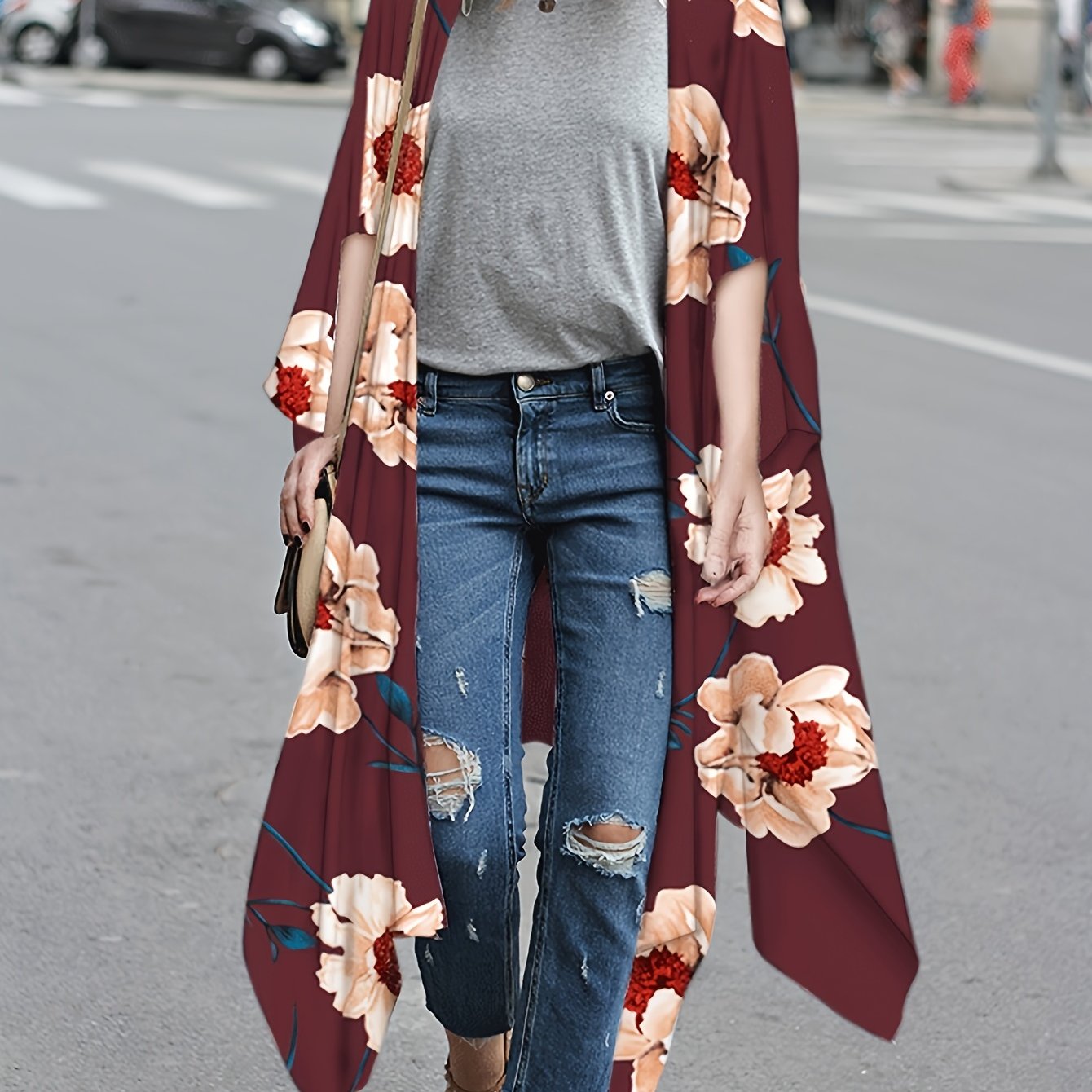 Floral Chiffon Blouse V Neck Long Sleeve Rash Guard Casual Beachwear