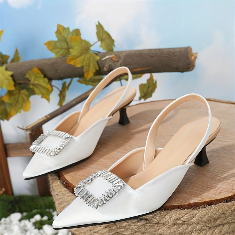 Rhinestone Kitten Heels Satin Slingback Sandals Wedding Evening Low Heels