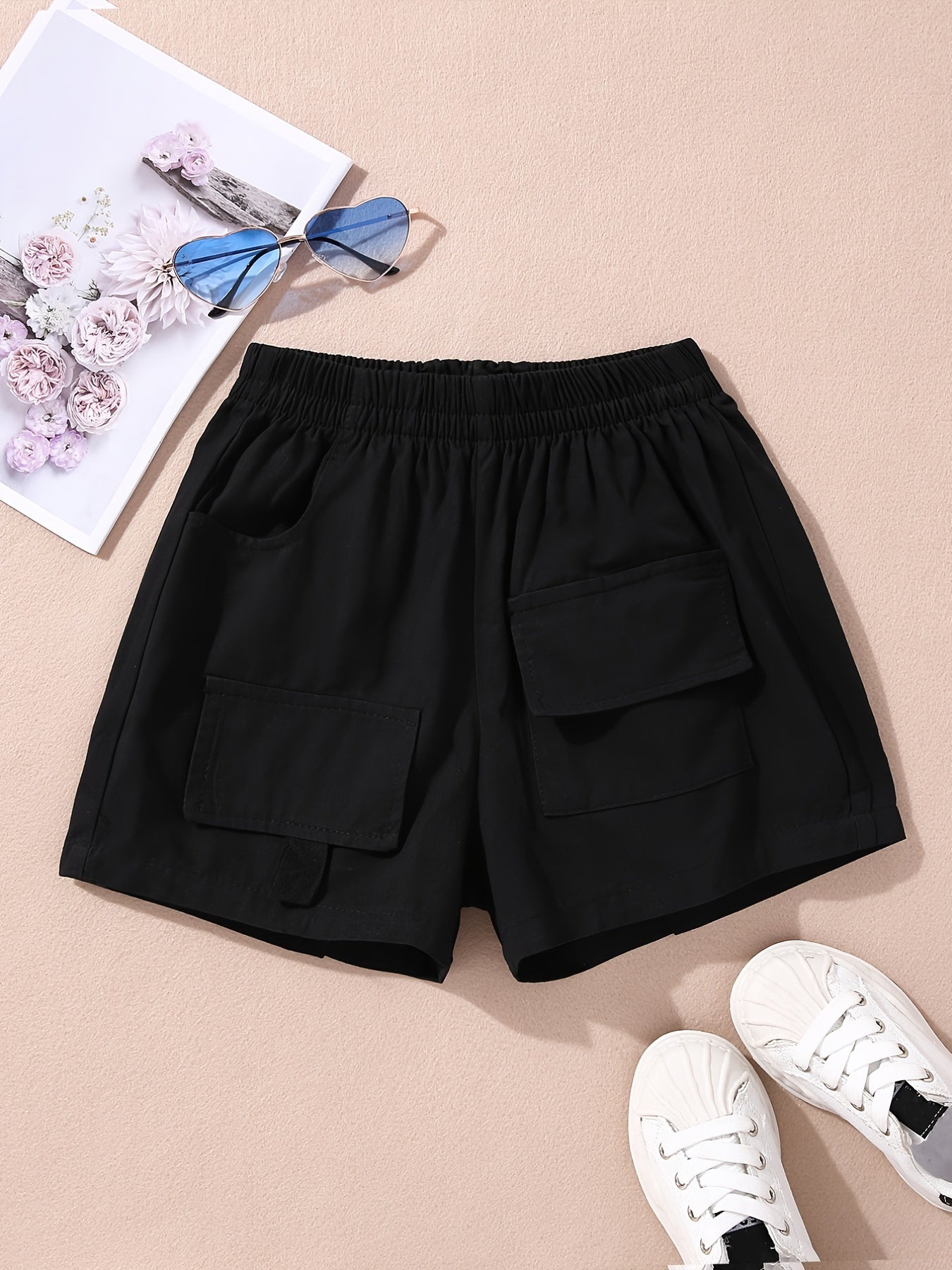 Girls Cotton Elastic Waist Sports Cargo Shorts With Pockets