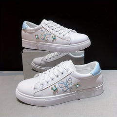 Women's Butterfly Flat Skate Shoes Faux Pearl Decor Low Top Sneakers
