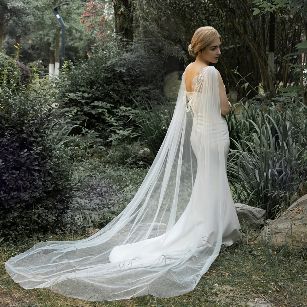 Bridal Wedding Veil Capelet Sheer Lace with Lace Trim Flowing Train
