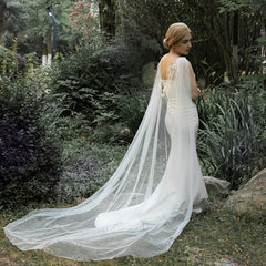 Bridal Wedding Veil Capelet Sheer Lace with Lace Trim Flowing Train