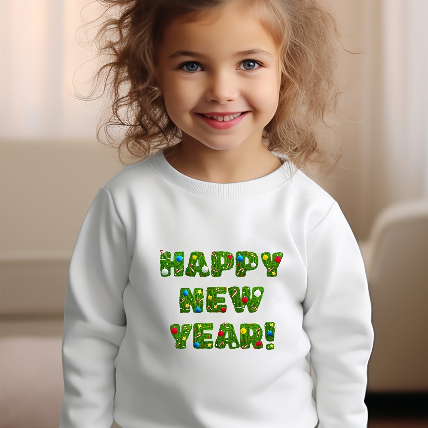 Girls Happy Year Pattern Crew Neck Sweatshirt Spring Fall Christmas