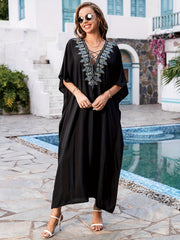 Boho Kaftan Dress Women's Plus Floral Embroidered Bat Sleeve