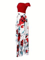 Sexy Two piece Skirt Set Off Shoulder Top & Floral Print Split Skirt