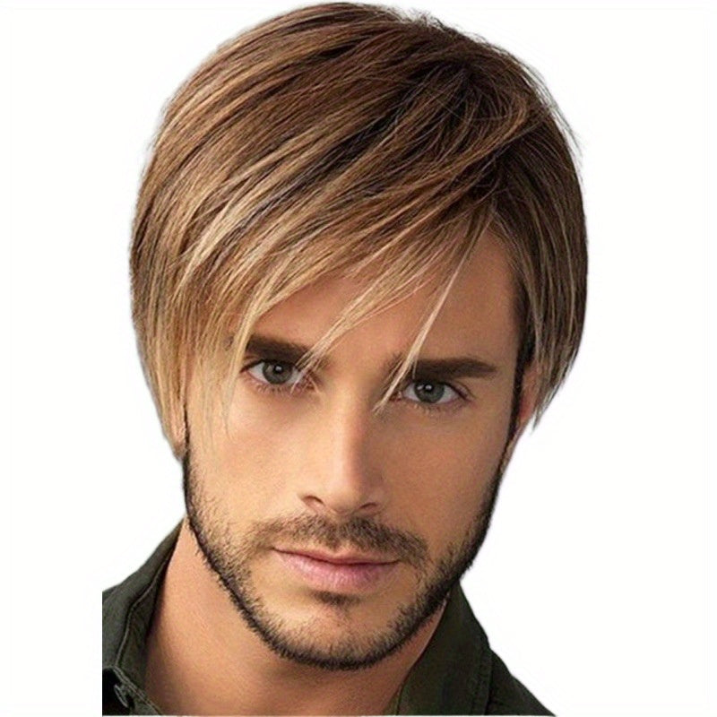 Men's Short Straight Golden Brown Wig with Fringe